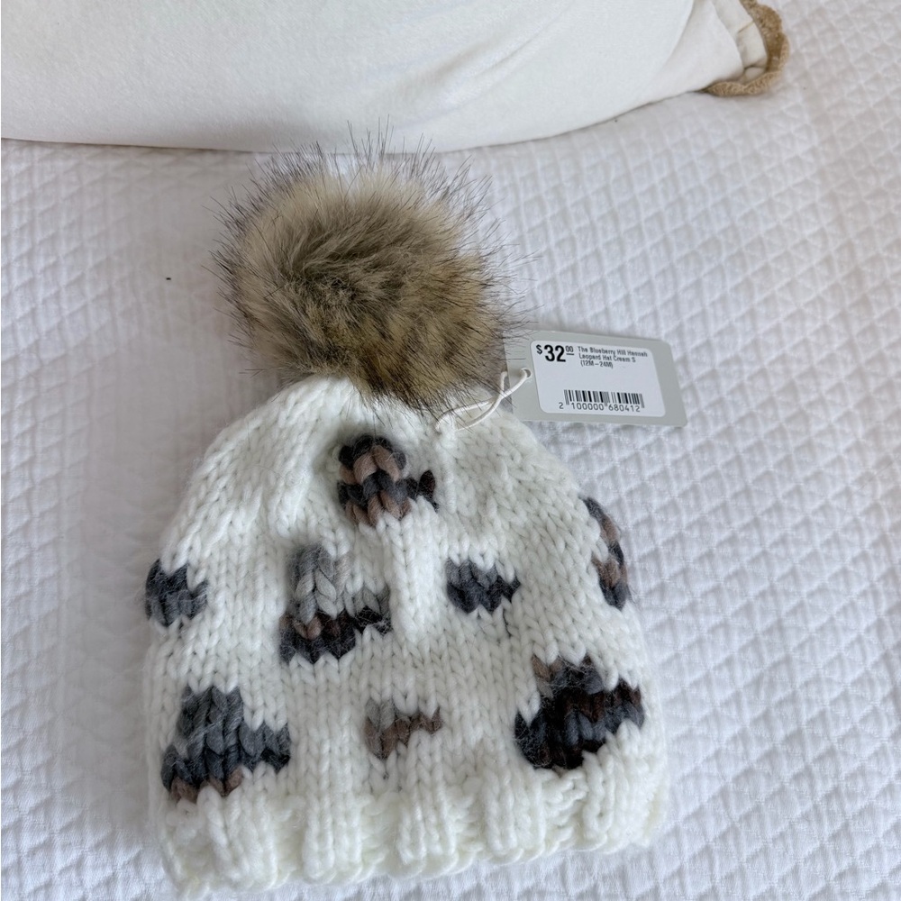 Baby Cozy Knit Pom-Pom Beanie- White and Brown Leopard